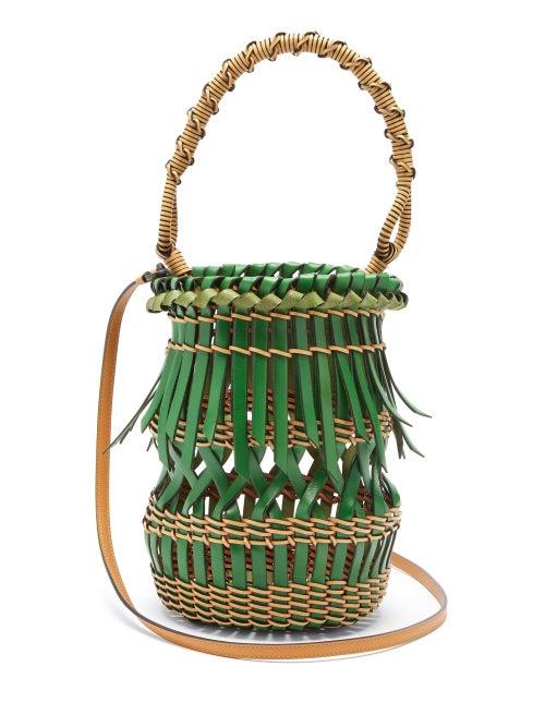 Matchesfashion.com Loewe - Fringes Open-work Leather Bucket Bag - Womens - Green Multi