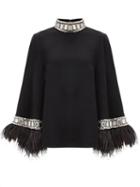 Matchesfashion.com Andrew Gn - Crystal & Ostrich Feather-trimmed Crepe Blouse - Womens - Black