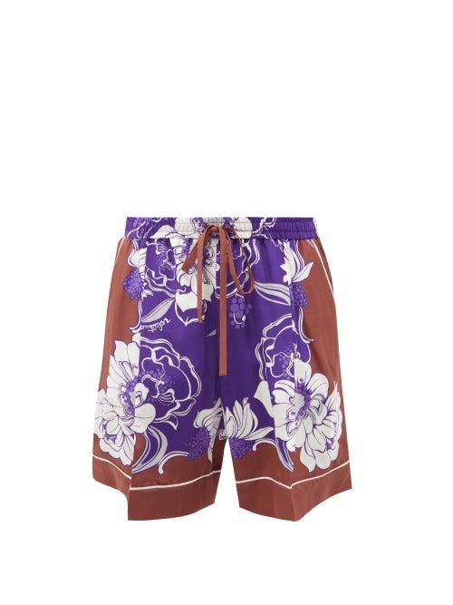 Valentino - Street Flowers-print Silk Crepe De-chine Shorts - Womens - Purple Multi
