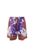Valentino - Street Flowers-print Silk Crepe De-chine Shorts - Womens - Purple Multi