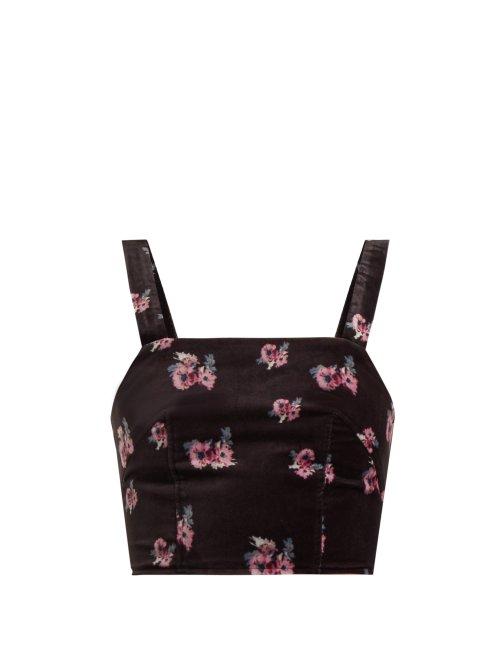 Matchesfashion.com Racil - Hedy Floral Print Velvet Cropped Top - Womens - Black Multi