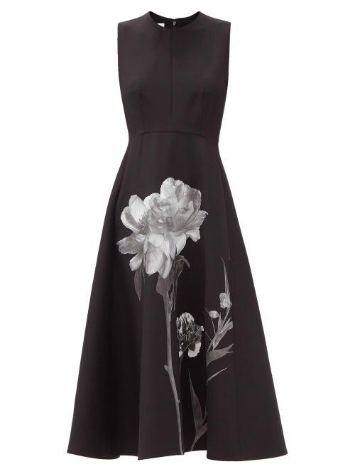 Matchesfashion.com Valentino - Flower-print Flared Wool-blend Dress - Womens - Black White