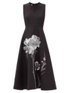 Matchesfashion.com Valentino - Flower-print Flared Wool-blend Dress - Womens - Black White