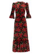 Matchesfashion.com The Vampire's Wife - The Festival Rose-print Velvet Midi Dress - Womens - Black Red