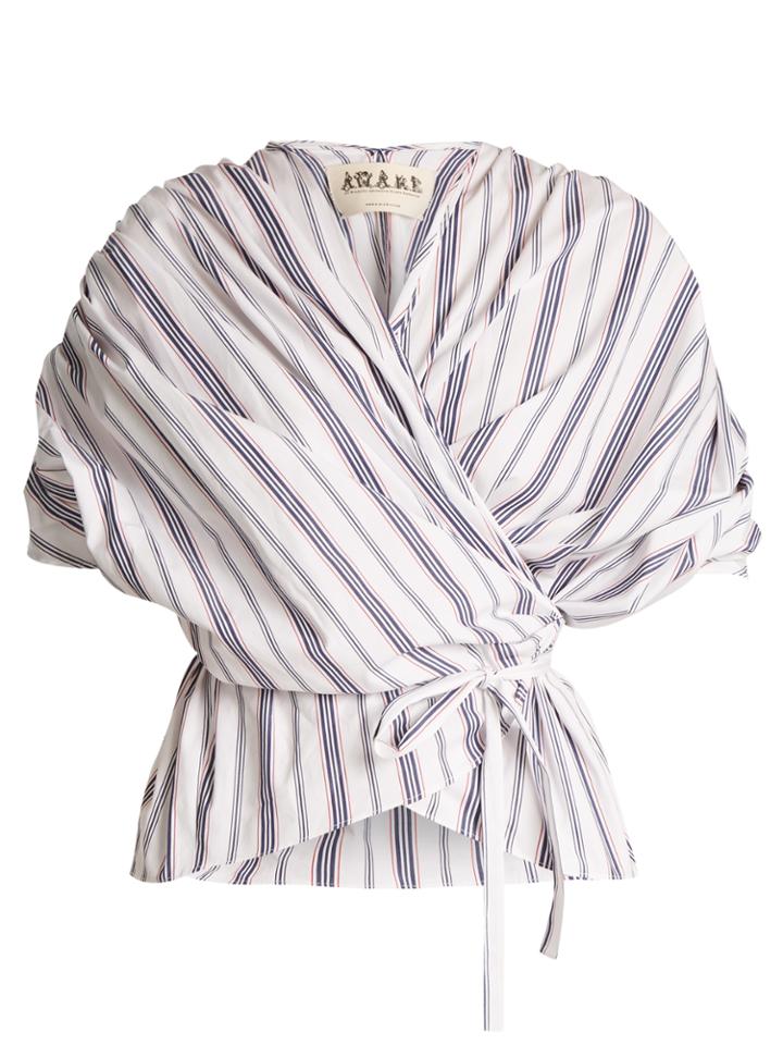 A.w.a.k.e. Gathered Striped Cotton Wraparound Top