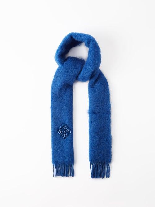 Loewe - Anagram-brooch Fringed Mohair-blend Scarf - Womens - Bright Blue