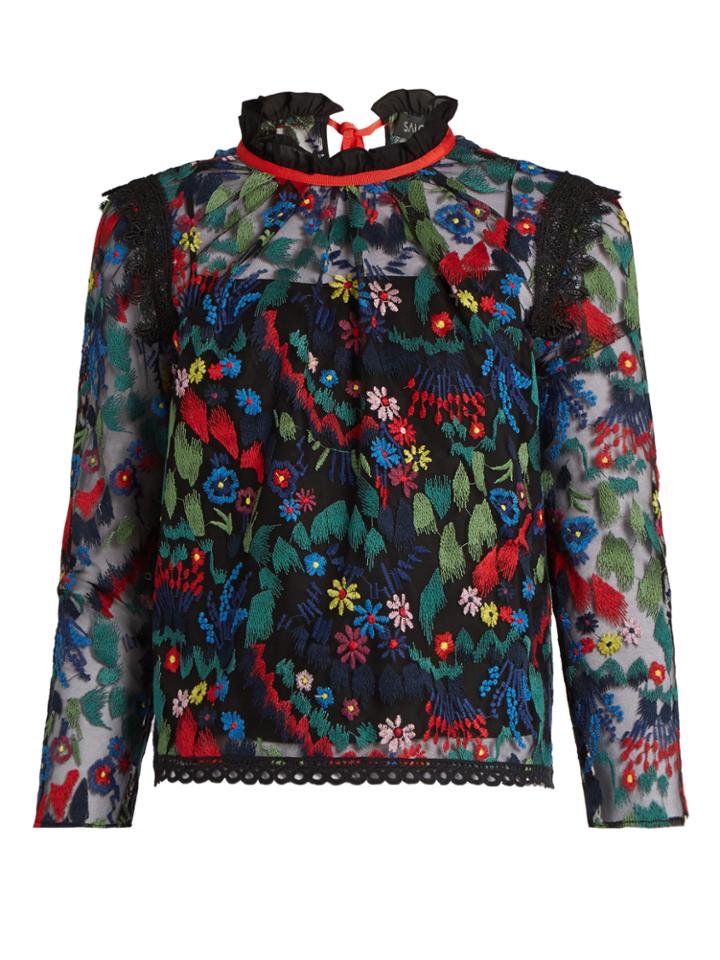 Saloni Elsa Floral-embroidered Tulle Top