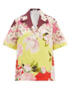 Matchesfashion.com Valentino - Cuban-collar Peonia-print Cotton-blend Shirt - Womens - Yellow Multi