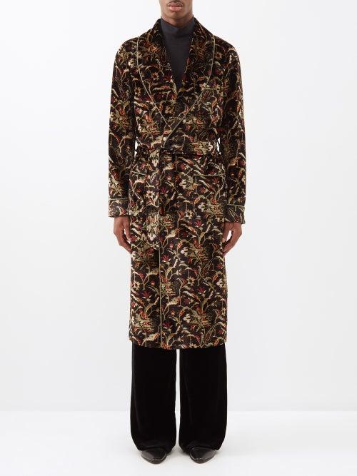 Etro - Shawl-collar Floral-jacquard Velvet Overcoat - Mens - Black Multi