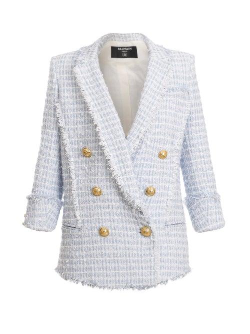 Balmain - Double-breasted Check Tweed Jacket - Womens - Blue