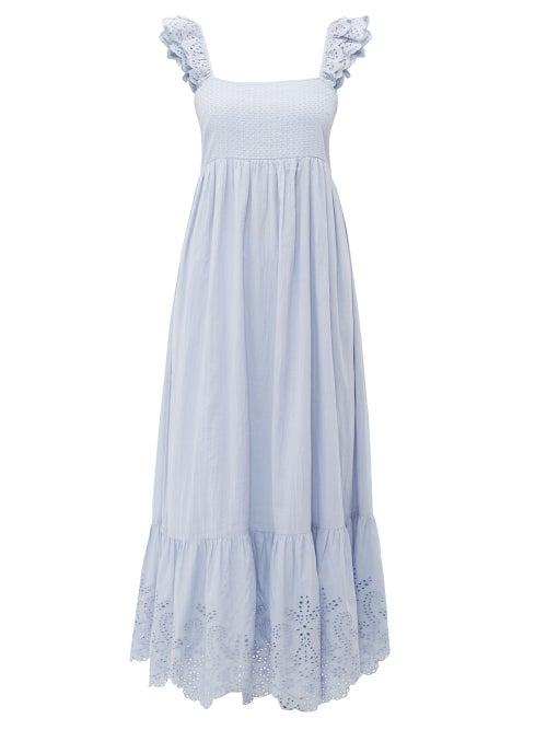 Matchesfashion.com Apiece Apart - Quince Ruffled Crochet Trim Cotton Dress - Womens - Light Blue