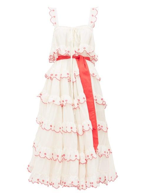 Matchesfashion.com Innika Choo - Iva Biigdres Tiered Embroidered Cotton Midi Dress - Womens - Cream