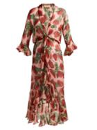 Matchesfashion.com Adriana Degreas - Fiore Protea Print Silk Ruffled Midi Dress - Womens - Pink Print