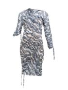 Matchesfashion.com Atlein - Wave Print Ruched Midi Dress - Womens - White Navy