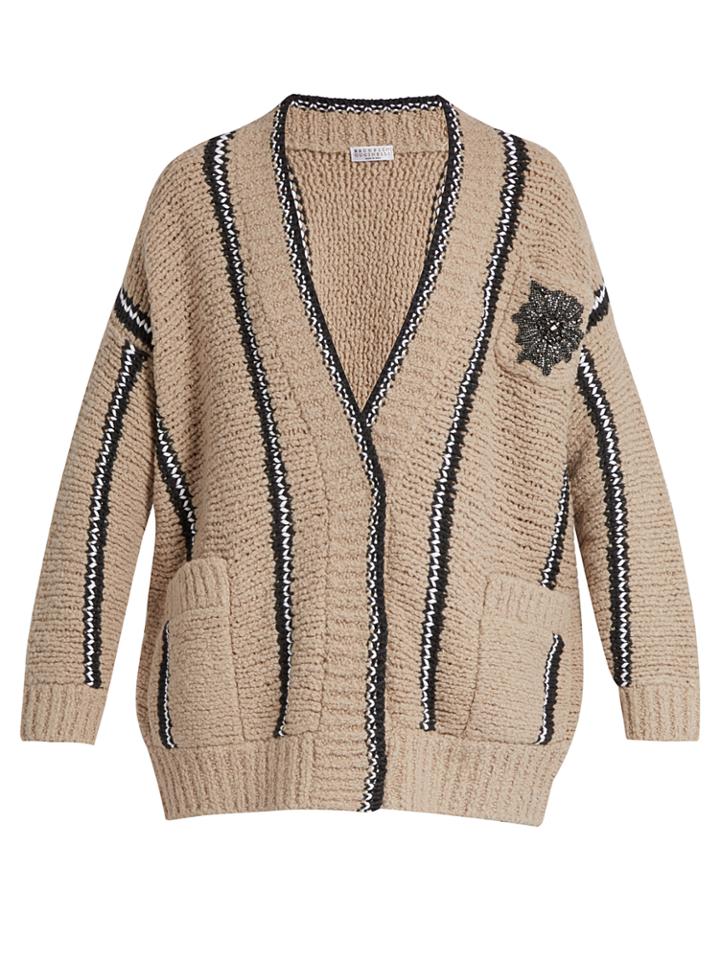 Brunello Cucinelli Embellished Striped Wool-blend Cardigan