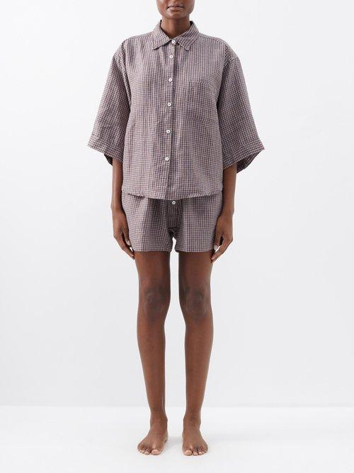 Deiji Studios - 03 Plaid Linen Shirt And Shorts Set - Womens - Brown Print