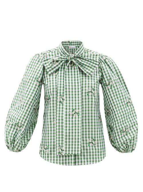 Matchesfashion.com Redvalentino - Pussy-bow May Lily-print Ginham Taffeta Blouse - Womens - Green