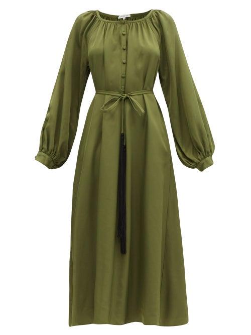 Matchesfashion.com Fil De Vie - Merieme Balloon-sleeve Bamboo-twill Dress - Womens - Dark Green