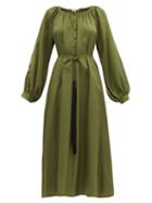 Matchesfashion.com Fil De Vie - Merieme Balloon-sleeve Bamboo-twill Dress - Womens - Dark Green