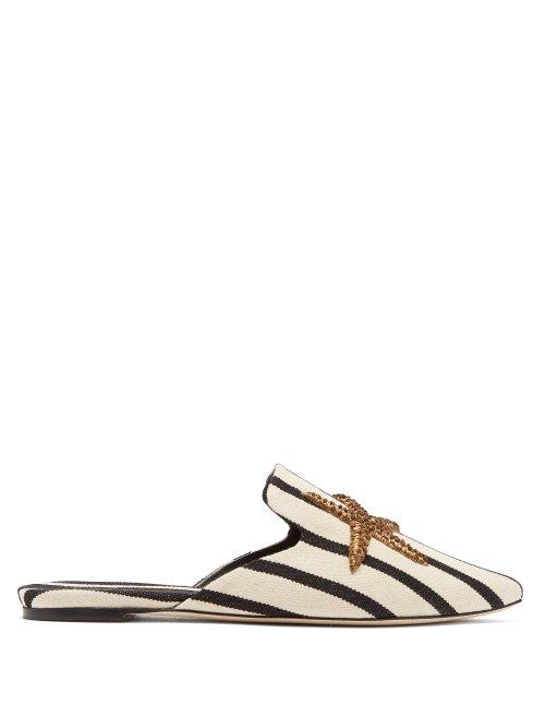 Matchesfashion.com Sanayi 313 - Vivara Stripes And Shell Embroidered Canvas Mules - Womens - Black Cream