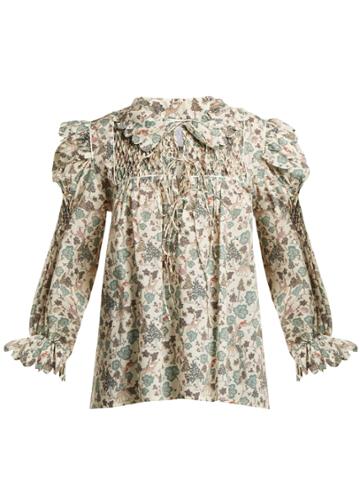 Horror Vacui Smocked Scallop-edged Cotton Blouse