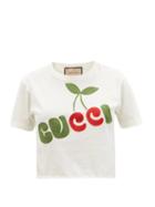 Matchesfashion.com Gucci - Cherry-appliqu Cropped Cotton-jersey T-shirt - Womens - Ivory Multi