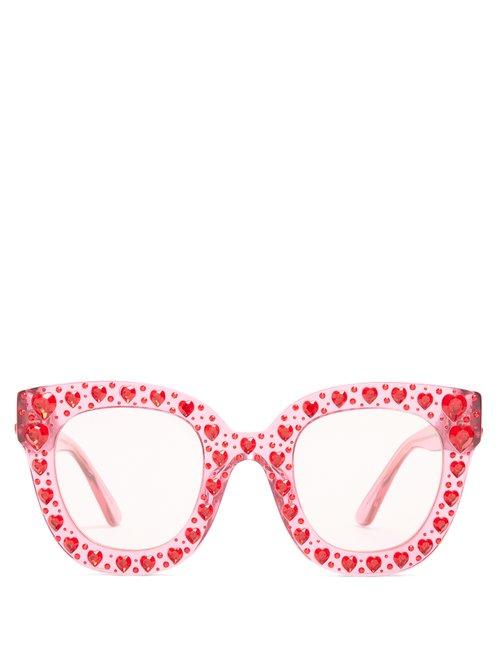 Matchesfashion.com Gucci - Heart Embellished Cat Eye Sunglasses - Womens - Pink