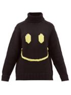 Matchesfashion.com Joostricot - Smiley Embroidered Wool Blend Sweater - Womens - Black Yellow