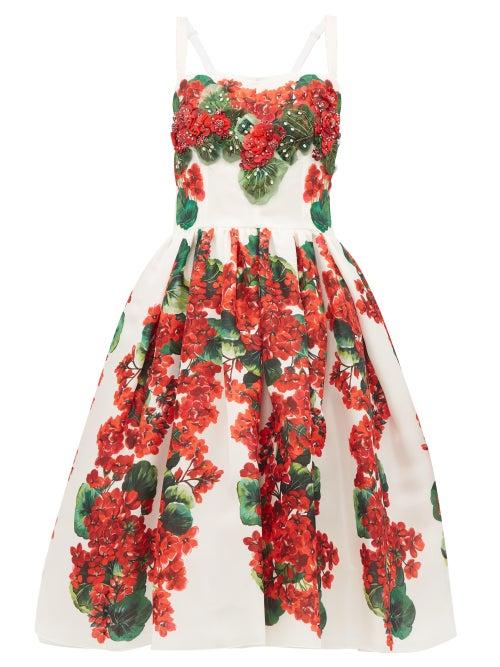 Matchesfashion.com Dolce & Gabbana - Geranium Print Silk Organza Dress - Womens - Red And Whte