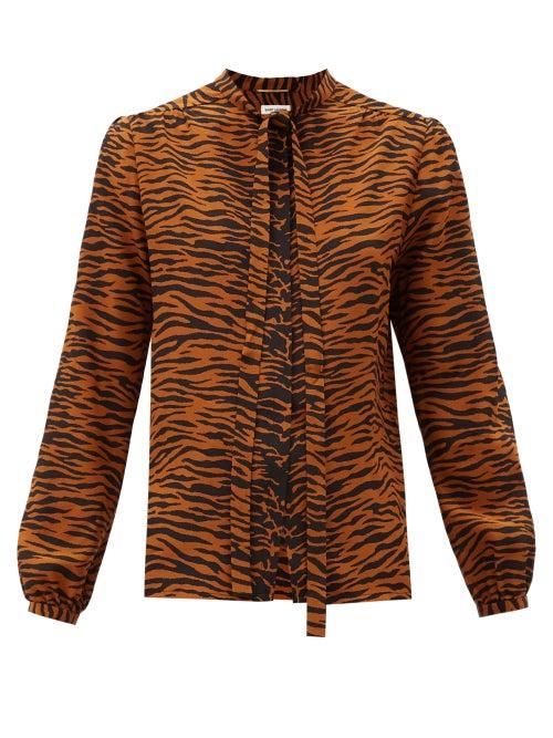 Matchesfashion.com Saint Laurent - Pussy-bow Tiger-print Silk Blouse - Womens - Animal