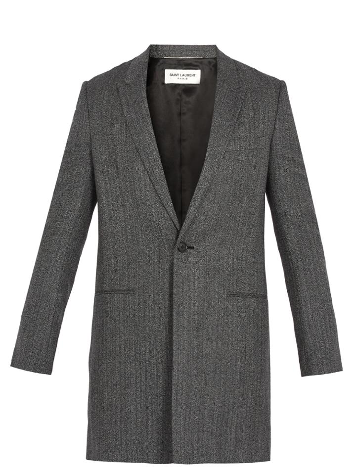 Saint Laurent Peak-lapel Herringbone-wool Overcoat