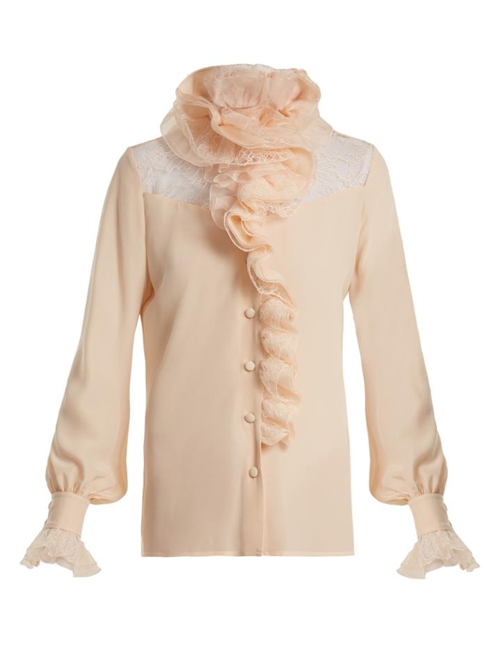 Lanvin Ruffle-trimmed Lace-insert Silk Blouse