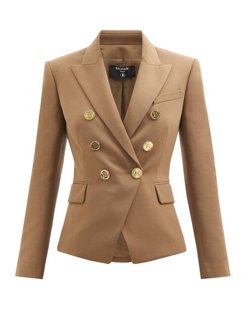 Balmain - Double-breasted Wool Grain De Poudre Blazer - Womens - Light Brown