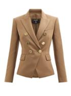 Balmain - Double-breasted Wool Grain De Poudre Blazer - Womens - Light Brown