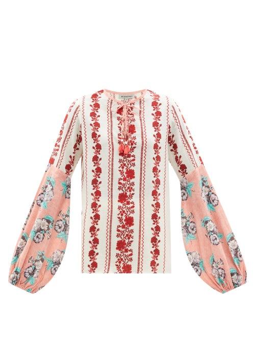 Ladies Beachwear D'ascoli - Zora Floral-print Cotton-khadi Blouse - Womens - Red