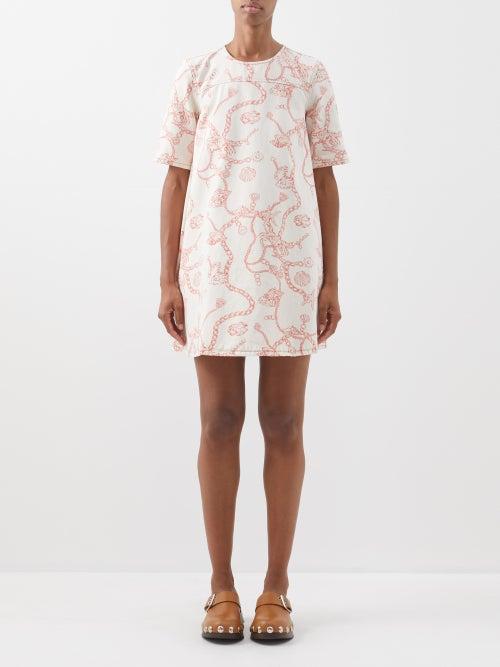 Ganni - Shell-print Organic-cotton Denim Mini Dress - Womens - Pink White