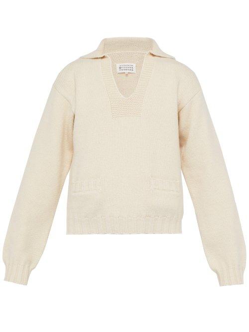 Matchesfashion.com Maison Margiela - Open Neck Cotton And Cashmere Blend Sweater - Mens - Cream
