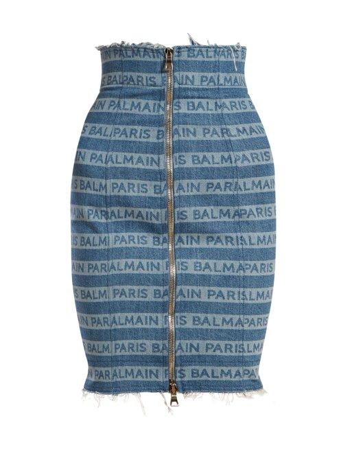 Matchesfashion.com Balmain - Logo Zip Front Denim Skirt - Womens - Blue
