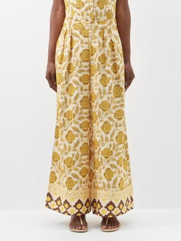 Rhode - Priyanka Floral-print Linen Wide-leg Trousers - Womens - Gold Multi