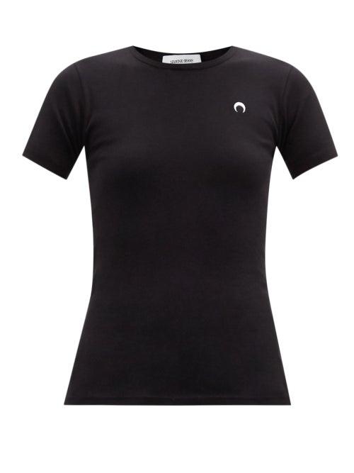 Matchesfashion.com Marine Serre - Crescent Moon-embroidered Organic-cotton T-shirt - Womens - Black