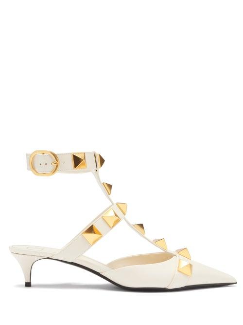 Matchesfashion.com Valentino Garavani - Roman Stud Leather Kitten-heel Sandals - Womens - Ivory