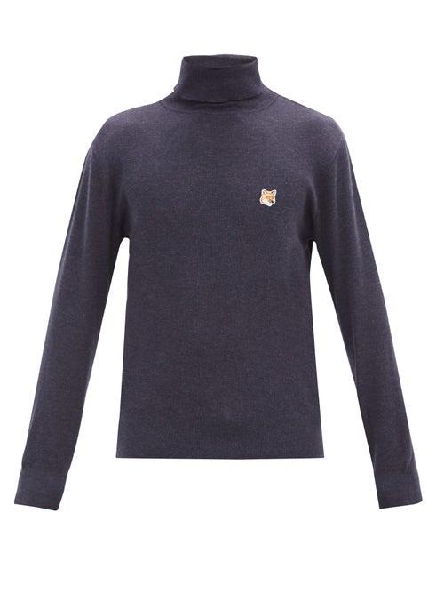 Matchesfashion.com Maison Kitsun - Fox Head-patch Wool Roll-neck Sweater - Mens - Navy