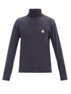 Matchesfashion.com Maison Kitsun - Fox Head-patch Wool Roll-neck Sweater - Mens - Navy