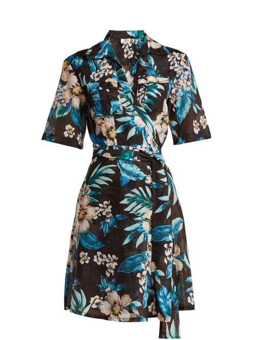 Matchesfashion.com Diane Von Furstenberg - Floral Print Cotton And Silk Blend Wrap Dress - Womens - Black Print