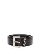 Matchesfashion.com Saint Laurent - Ysl-monogram Crocodile-effect Leather Belt - Mens - Black