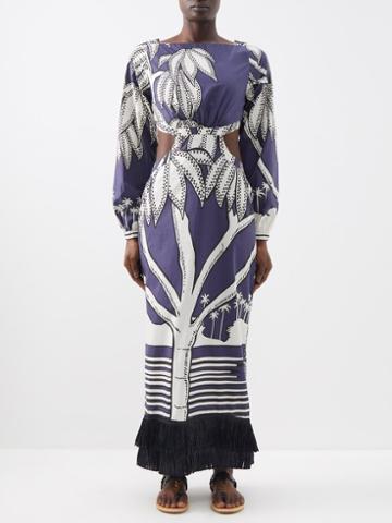 Johanna Ortiz - Holistic Jungle-print Fringed Cotton Maxi Dress - Womens - Navy Print