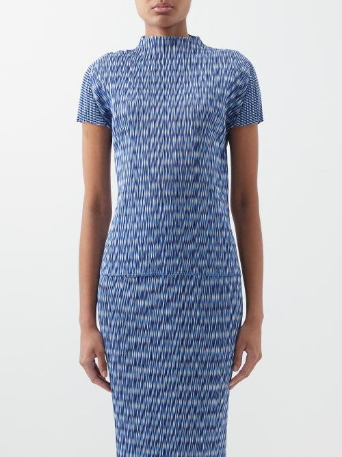 Pleats Please Issey Miyake - Geometric-print Technical-pleated Knit Top - Womens - Blue