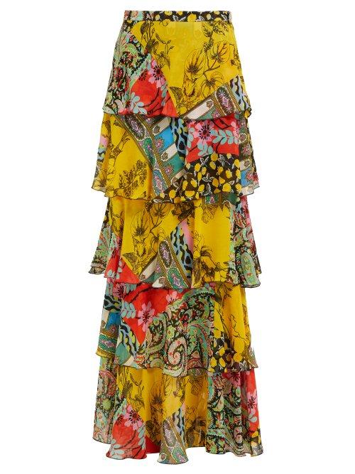 Matchesfashion.com Etro - Norfolk Patchwork Tiered Silk Maxi Skirt - Womens - Yellow Multi