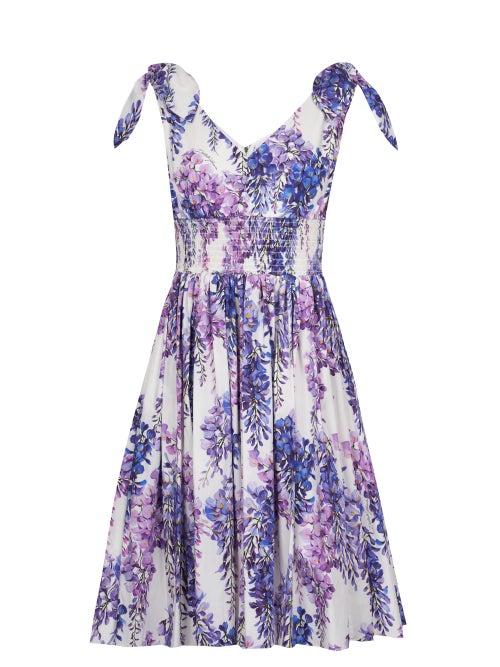 Dolce & Gabbana - Tie-shoulder Floral-print Poplin Dress - Womens - Purple Multi