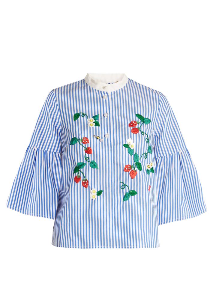 Muveil Strawberry-embroidered Striped Cotton Top